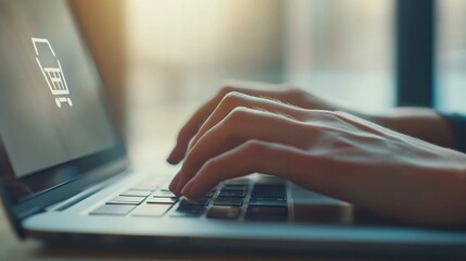 Hands Typing on Laptop with Shopping Cart Icon