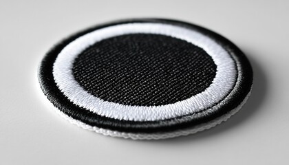 Round black and white sew-on patch on white background, close-up