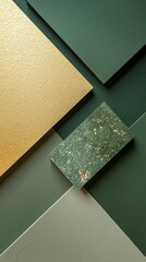 Bold angular shapes in vibrant sage green and gold interact harmoniously, creating a dynamic visual blend. Ideal for artistic pursuits in contemporary design and decor
