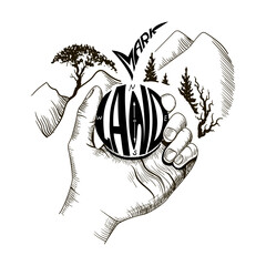 Landmark prompt illustration. Wordimage. Lettering. Hand holding a compass is drawn, it is depicted as an inscription- a landmark, mountains and trees are drawn around it. Vector illustration in black
