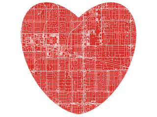 Heart-Shaped Map of Northridge  California, USA in Bold Red and White Design.