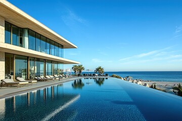 Fototapeta premium Luxury Oceanfront Villa: Infinity Pool, Modern Architecture, Stunning Sea Views, Beach Access, Relaxing Getaway
