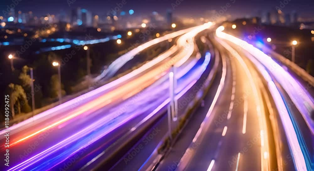 Aufkleber light trails are speeding across a highway at night with glowing dots on the side creating a futuris