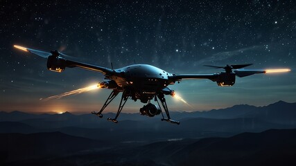 Naklejka premium Military drones and mysterious UAPs hover in the night sky, their eerie lights reflecting an unsettling mix of extraterrestrial intrigue and shadowy human ...