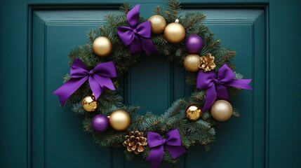 Christmas Wreath with Purple Ribbons and Golden Ornaments on Blue Door, Festive Decoration