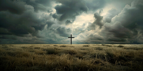 Wooden Cross in Stormy Field Under Dramatic Sky, Symbol of Faith and Hope in Adversity