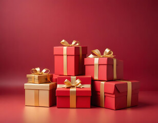 Fototapeta premium Red and gold gift boxes stacked in a festive composition.