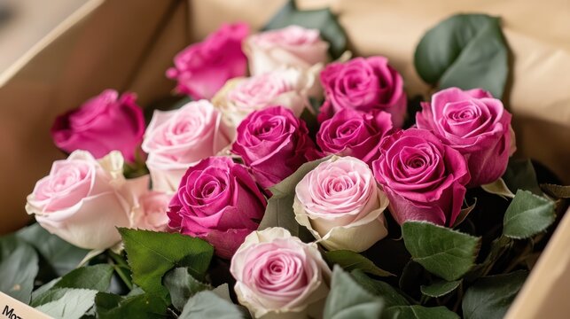 Pink roses bouquet delivery box, indoor, closeup