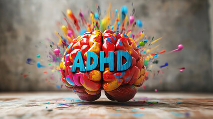 ADHD sign on colorful brain with vibrant paint splashes, concept of neurodiversity and attention deficit hyperactivity disorder in adults and children. Illustration for World ADHD Awareness Day