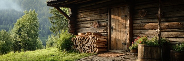 A stack of freshly cut firewood, neatly arranged against a rustic cabin wall