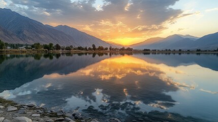 Mountain lake sunset reflection, peaceful landscape, travel poster