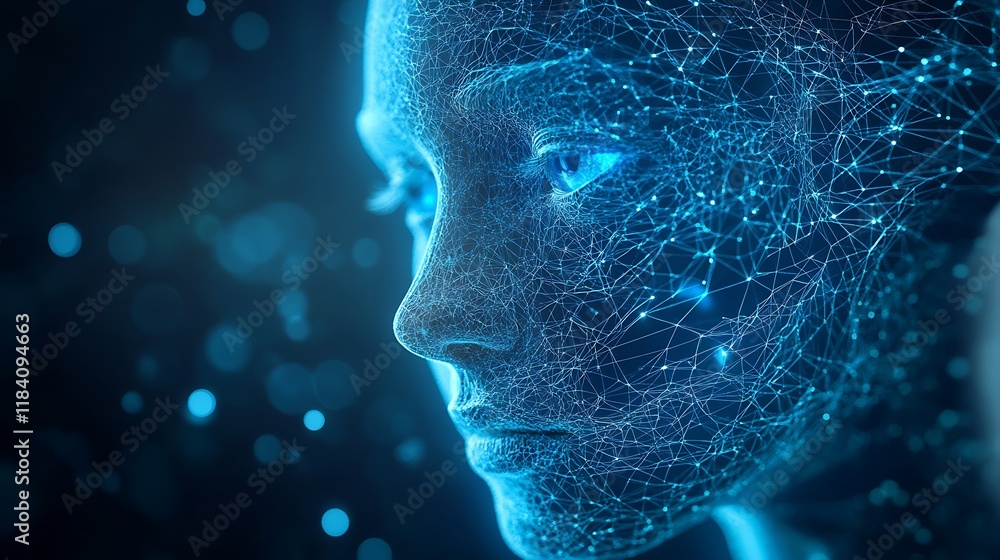 Poster digital art portrait showcasing a face constructed from a network of glowing lines for representing 