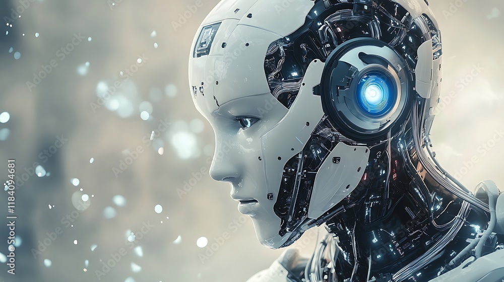 Poster portrait of a sophisticated robot with intricate detail human-like expression for representing the e