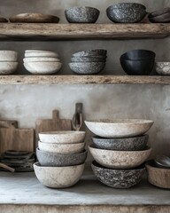 A stack of hand-polished stone bowls, arranged neatly in a rustic kitchen setting