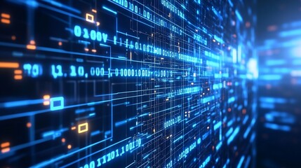 Abstract digital data visualization with lines and binary code in a futuristic setting.