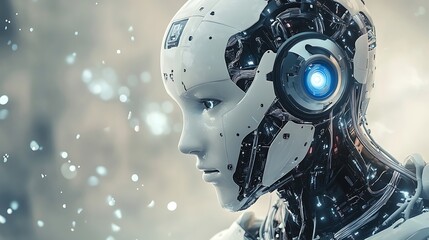 Fototapeta premium Portrait of a sophisticated robot with intricate detail human-like expression for representing the ever-evolving realm of artificial intelligence AI concept.