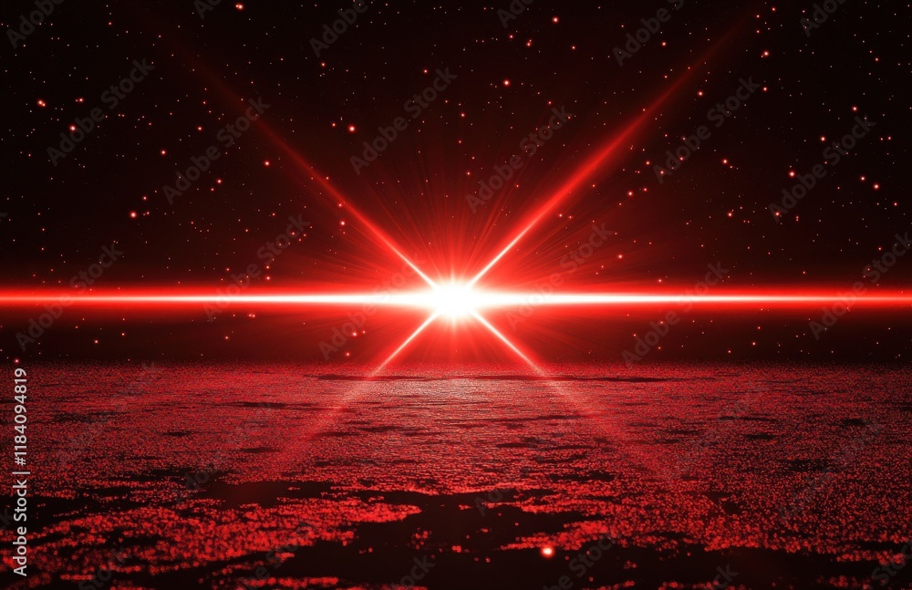 Poster A red laser beam shines on the ground, with red light rays shining across an endless ocean of black space. The starry sky is filled with stars and cosmic dust, creating a mysterious atmosphere.