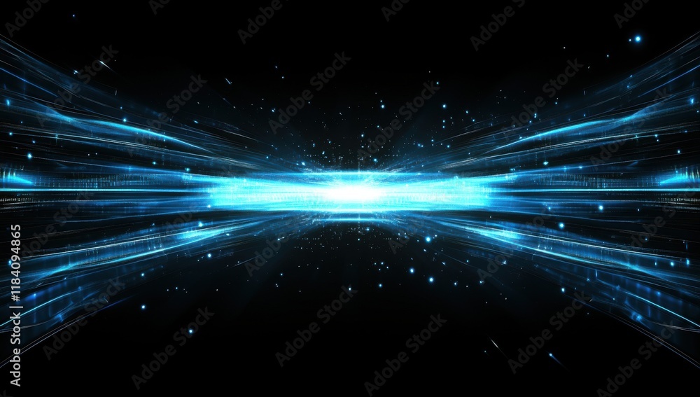 Poster abstract blue glowing light rays background with futuristic energy lines on a black backdrop, a tech