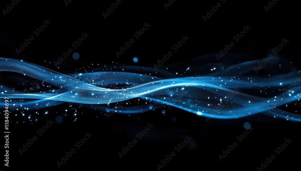 Poster abstract blue glowing waves on a black background with bokeh lights, a futuristic technology concept