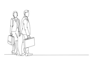 Businesswoman and businessman standing with briefacase in continuous one line drawing. Editable vector.