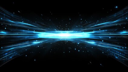 Obraz premium Abstract blue glowing light rays background with futuristic energy lines on a black backdrop, a technology and science concept.