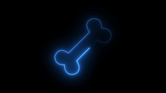 Neon bone icon animation. single bone with glowing outlines with rays on black background .