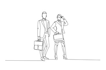 Businesswoman and businessman standing with briefacase in continuous one line drawing. Editable vector.