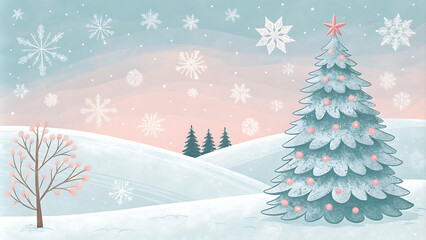 Obraz premium Pastel christmas scene with snowflakes and evergreen tree for holiday cards.