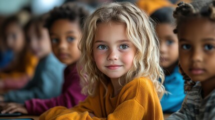 Girl smiles, classroom, diverse students, learning, education