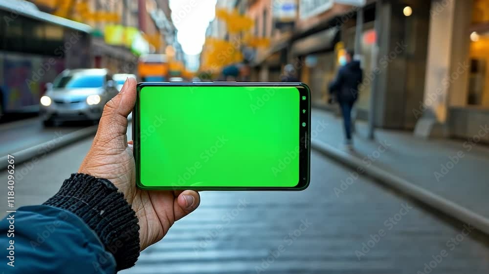 Poster a person displays a smartphone featuring a green screen in a vibrant city setting filled with pedest