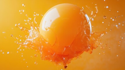 Orange sphere splashing juice, yellow background, vibrant, advertising