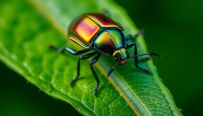 Naklejka premium Iridescent Beetle on Green Leaf: A Macro Jewel-toned Study