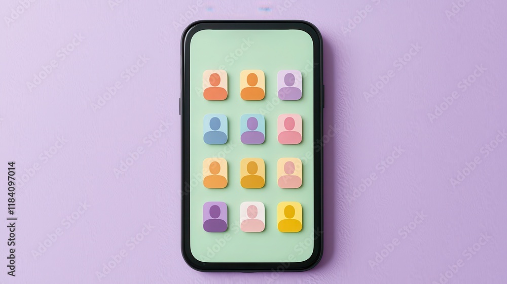 Poster colorful contact icons on smartphone screen social media networking mobile app interface