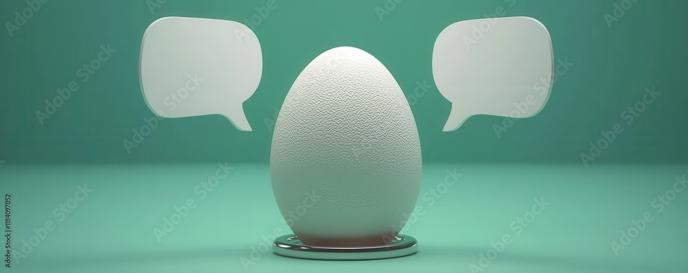 Poster large egg with two blank speech bubbles on teal background communication concept 3d render