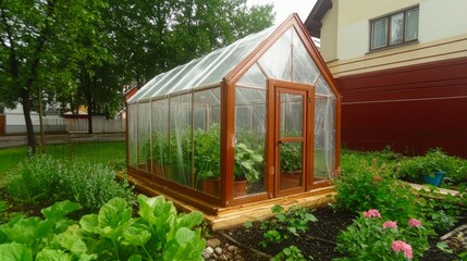 A charming wooden greenhouse nestled in a vibrant garden, showcasing flourishing plants and flowers.