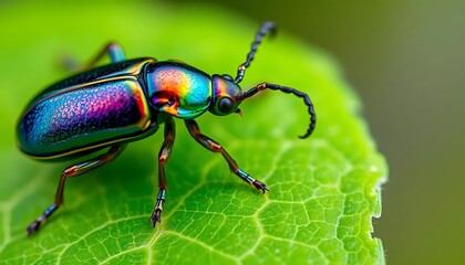 Naklejka premium Vibrant Jewel Beetle on Green Leaf: A Close-Up Macro