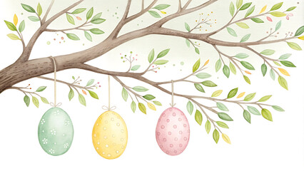 Delicate watercolor easter style with hanging eggs on tree branch.