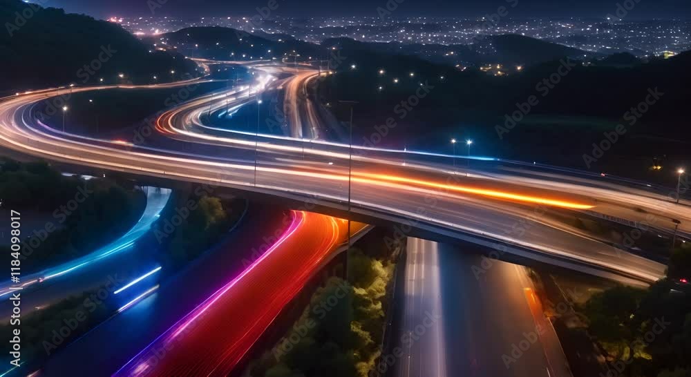 Aufkleber light trails are speeding across a highway at night with glowing dots on the side creating a futuris