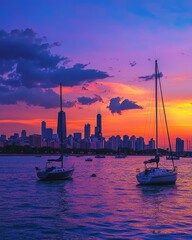 Naklejka premium A sunset view of Chicago skyline from the Adler Planetarium, with boats in the harbor