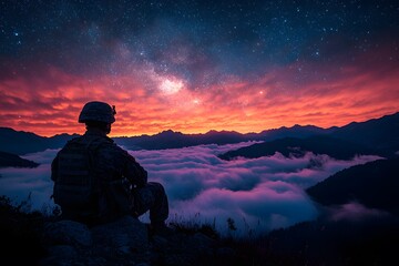 Obraz premium Soldier Watching Majestic Sunset Above Cloudy Mountains under Starry Sky