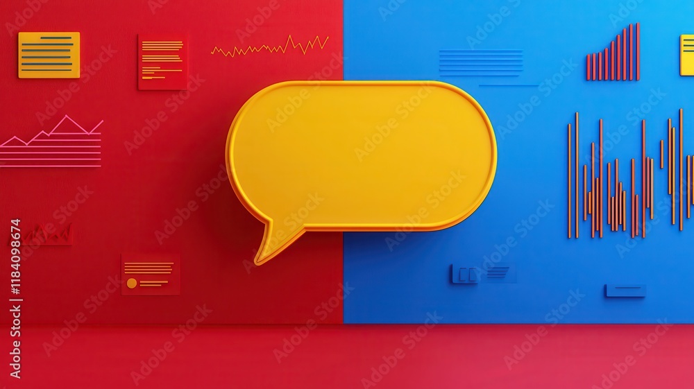 Poster communication concept yellow speech bubble on red and blue background with data visualizations
