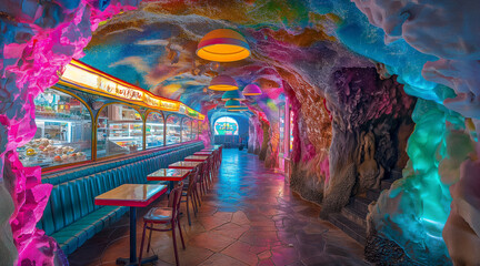 Vibrant Ice Cream Parlor with Neon Lights and Colorful Interior Design