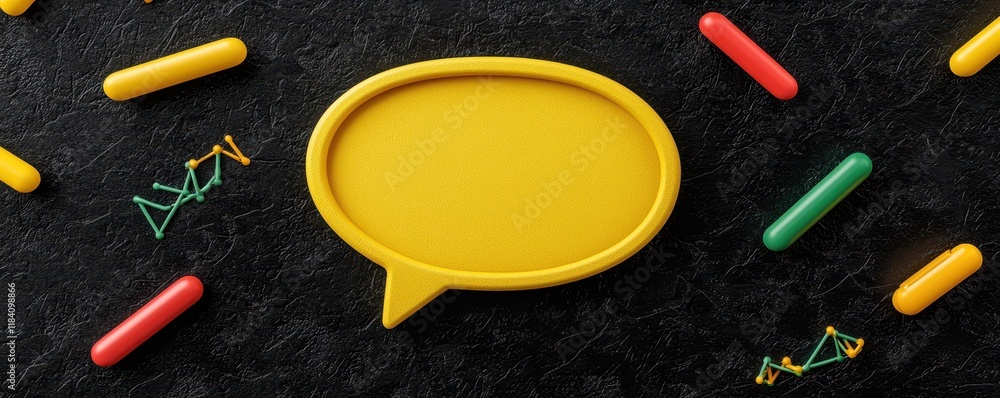 Poster yellow speech bubble on black background with colorful abstract shapes communication concept