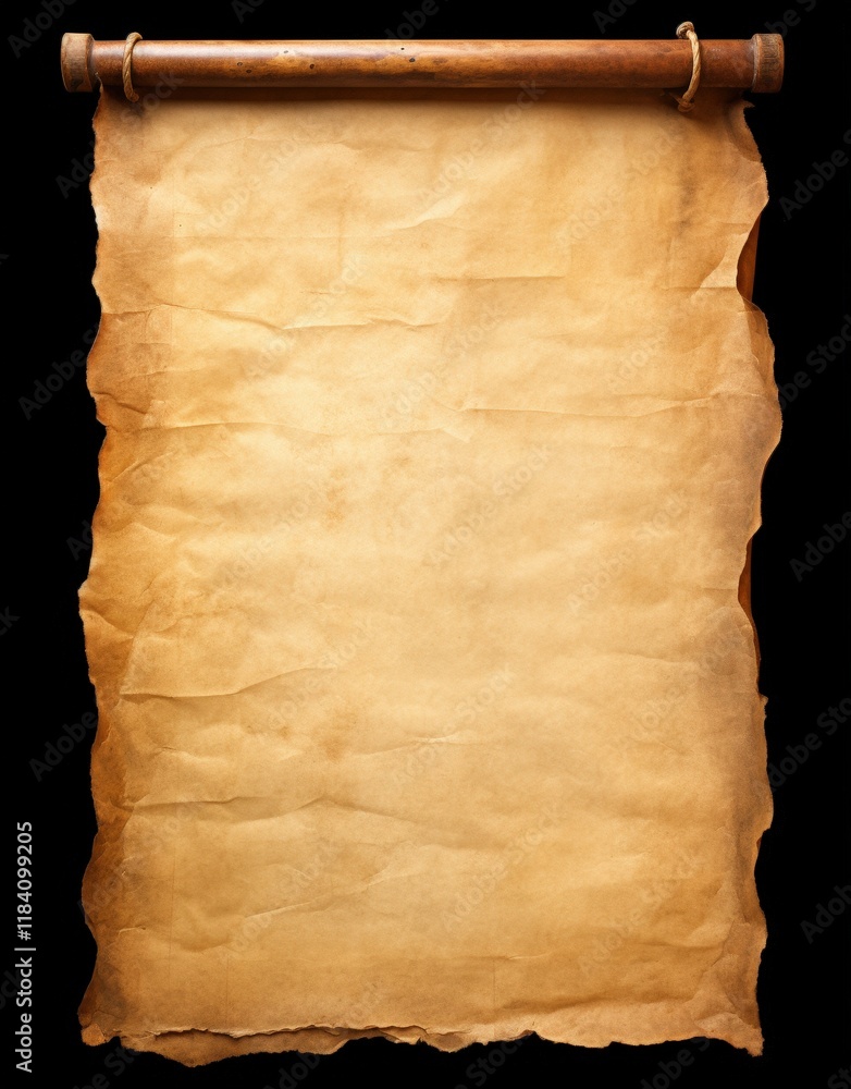 Aufkleber ancient scroll on wooden rod with unfolded browned paper surface displaying textured old mediaeval a