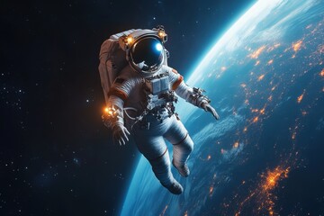 Fototapeta premium Female astronaut floating in space with Earth glowing in the background