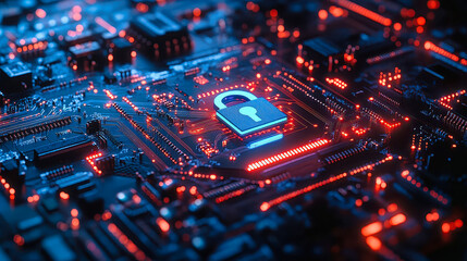 Obraz premium Digital landscape illuminated by vibrant circuitry and a secure lock symbolizing modern cybersecurity efforts