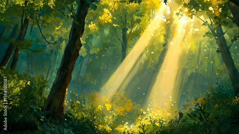 Poster sunlight pierces through a lush forest canopy creating a serene and enchanting atmosphere in nature