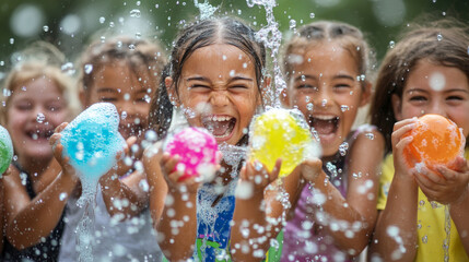 Kids enjoy a lively science experiment with colorful balloons and splashes of water outdoors on a sunny day