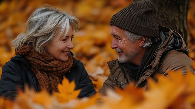 Senior couple smiling in autumn park leaves