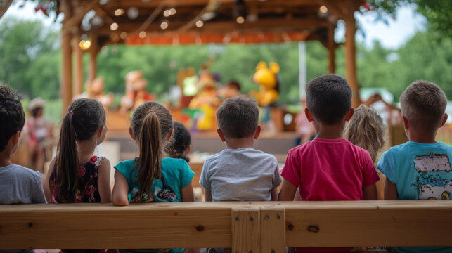 Kids engaging with a lively puppet show in an outdoor setting during a summer event